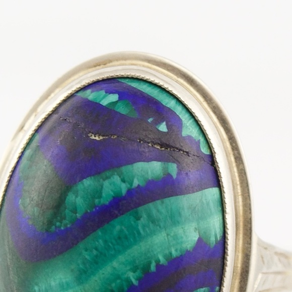Vintage 14K White Gold Azurite Malachite Ring Size 8 Blue Green Oval Cabochon - Picture 5 of 9